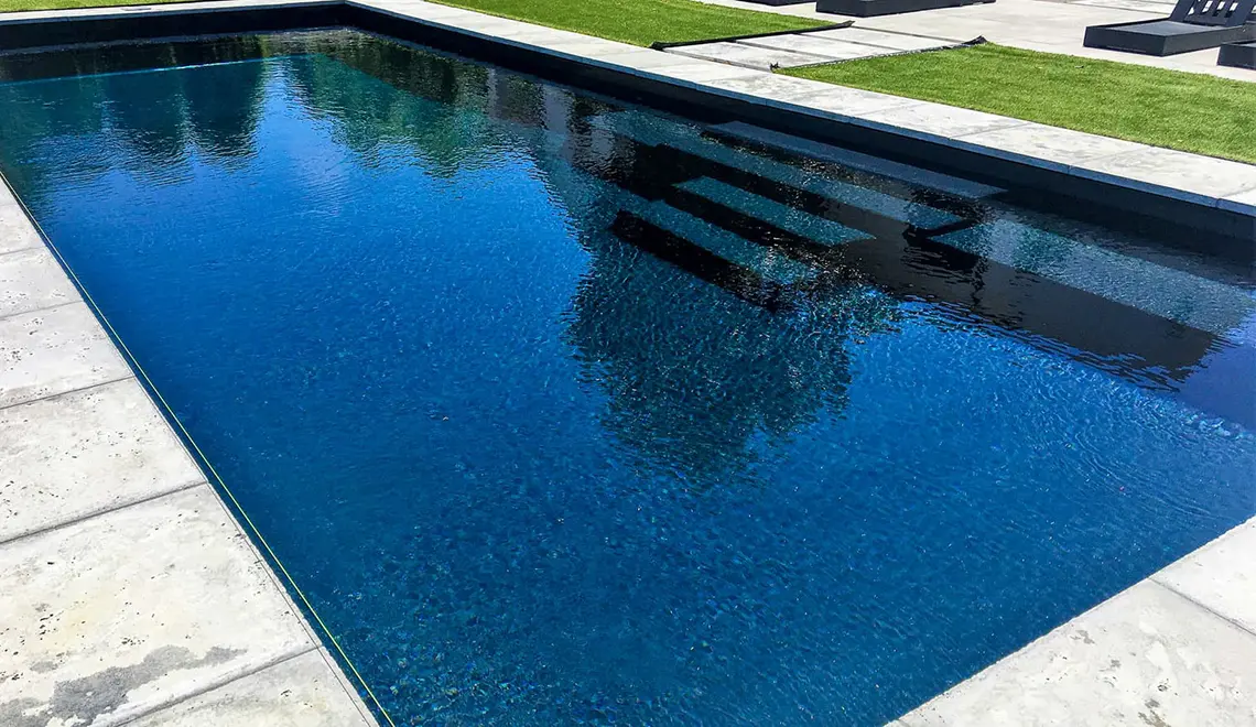 The Grand rectangular fiberglass pool with great side entry steps from Leisure Pools Peterborough